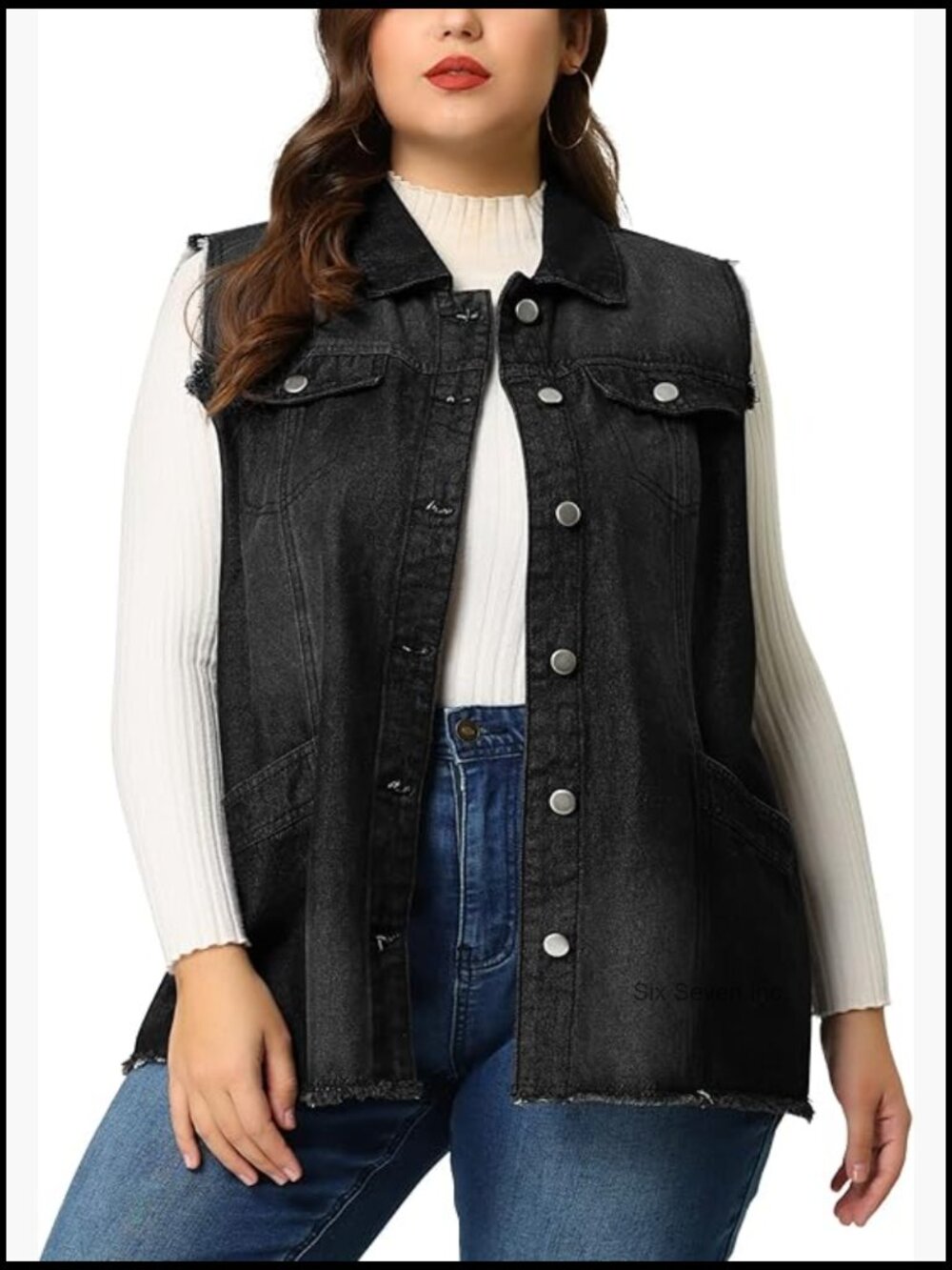 Plus Size Sleeveless Denim Vest Button Front Frayed Washed Long Jean Vest
